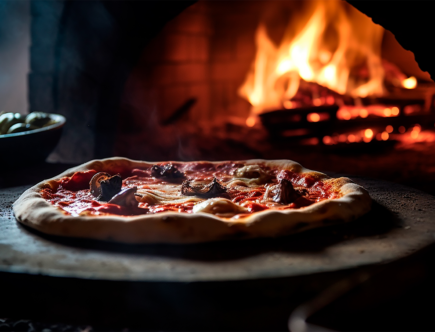Pizza vor einem Holzofen der mit einem Feuer beheizt wird