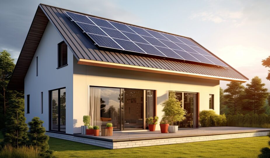 Neues Vorstadthaus mit Photovoltaikanlage auf dem Dach. Modernes, umweltfreundliches Passivhaus mit angelegtem Garten. Sonnenkollektoren auf dem Satteldach