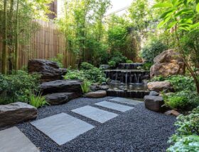 Japanischer Garten mit großen Felsen, Wasserfall und Bambus – harmonische Gartengestaltung mit Natursteinen und Kieswegen.