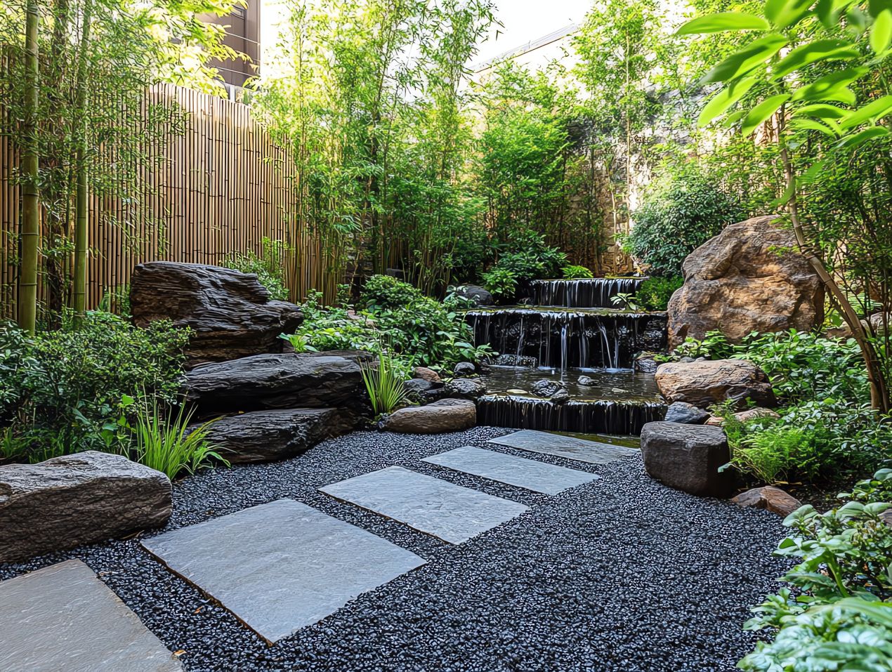 Japanischer Garten mit großen Felsen, Wasserfall und Bambus – harmonische Gartengestaltung mit Natursteinen und Kieswegen.