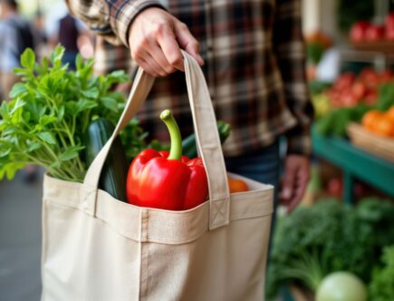 Die Person hält eine wiederverwendbare Obst- und Gemüsetüte mit frischem Gemüse auf dem lokalen Markt. Tasche beige Leinwand.
