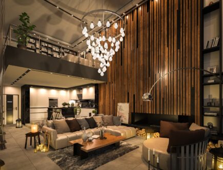 Luxus-Wohnraum mit Designleuchte | Pool Treppen