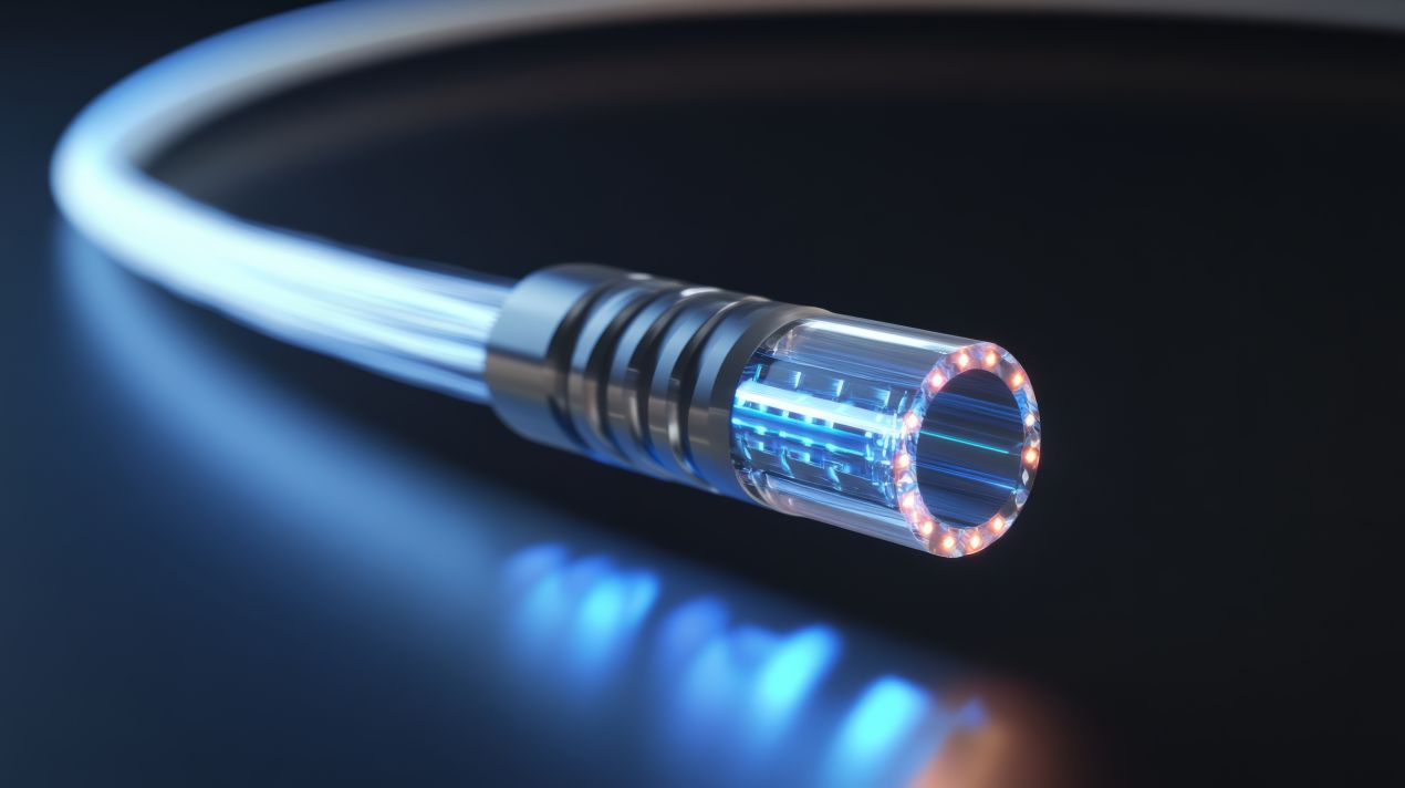 Transparente Glasfaserleitung mit Lichtimpulsen – zeigt Aufbau eines Singlemode-Kabels fuer Hochgeschwindigkeitsnetzwerke