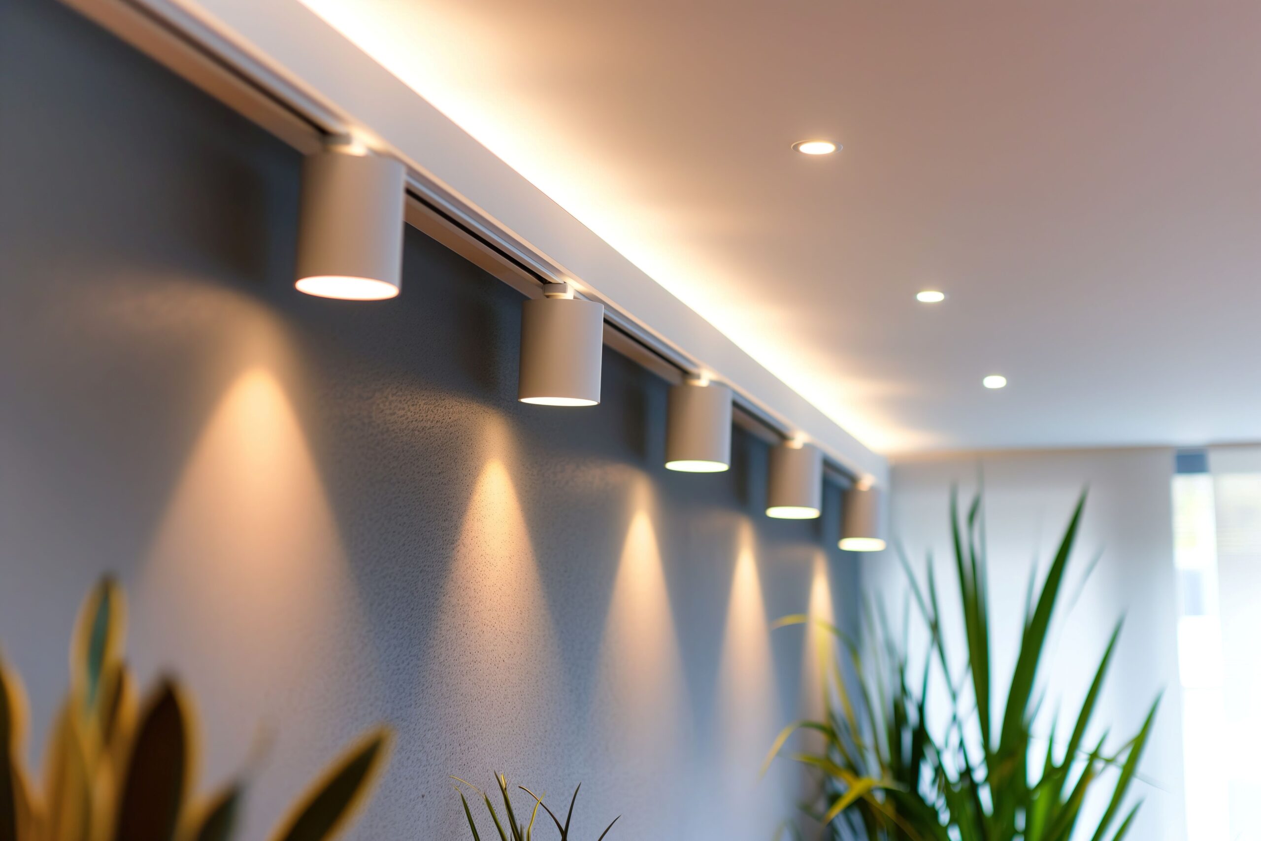 Beleuchtungseinrichtungen an der Wand im Wohnzimmer. Strahler unter der Decke. Schienen-LED-Beleuchtungssystem.