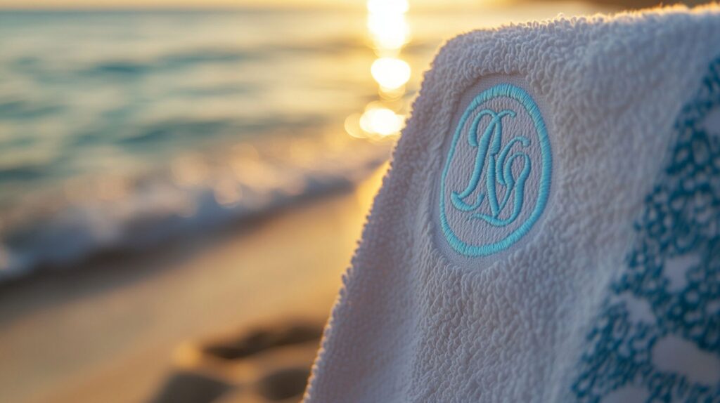 Besticktes Handtuch mit Namen am Strand bei Sonnenuntergang – personalisiertes Badetuch in Nahaufnahme vor Meereskulisse