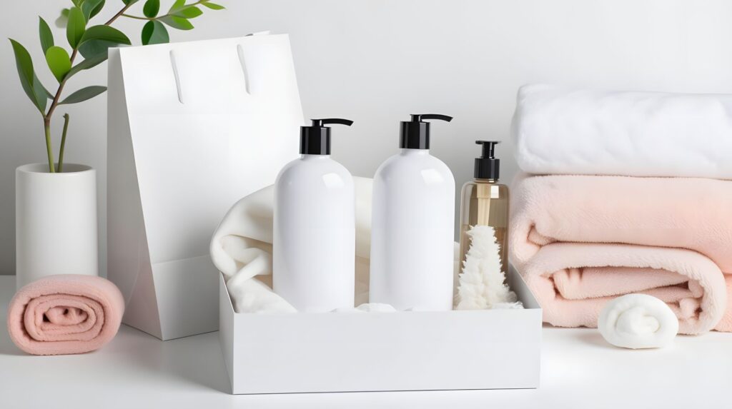 Stilvoll arrangiertes Spa-Set mit weißen und pfirsichfarbenen Handtüchern – perfekte Geschenkidee für Wellnessliebhaber, z. B. ein Handtuch mit Namen