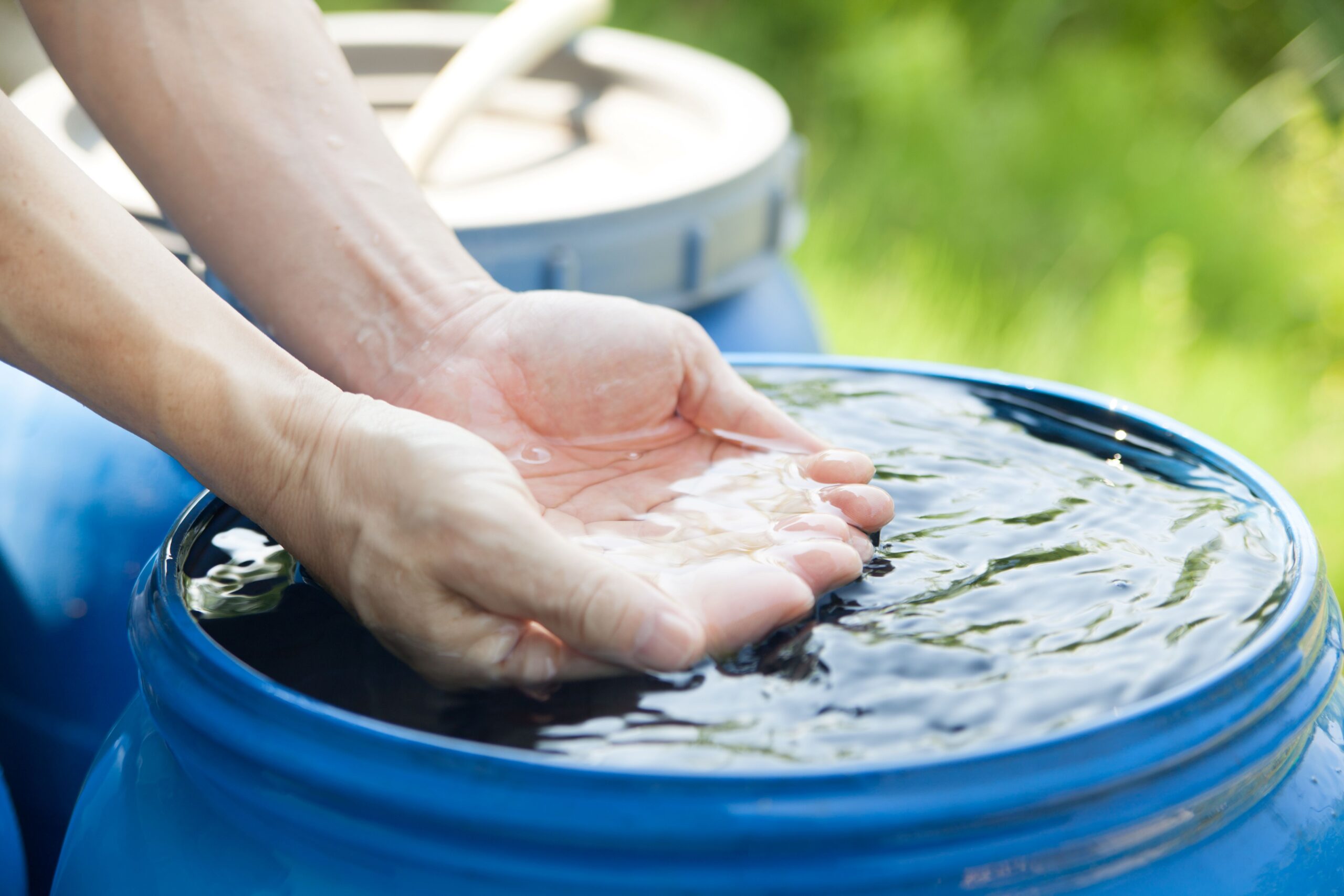Hände sammeln Regenwasser aus blauer Tonne als Symbol für nachhaltige Nutzung