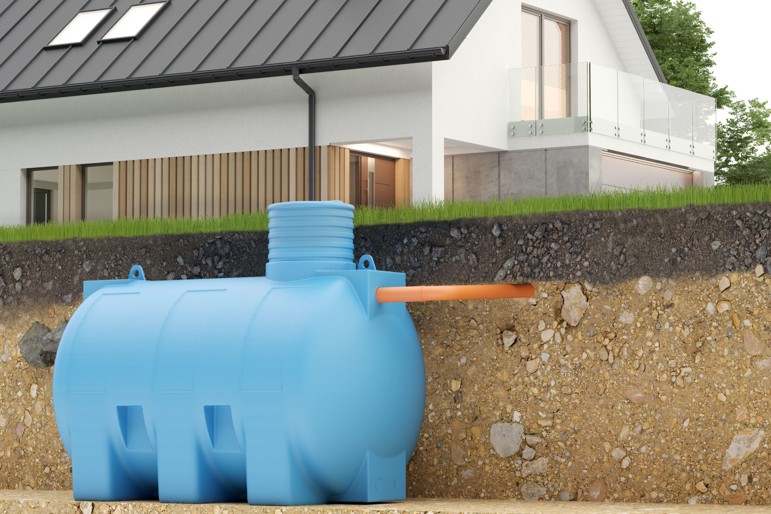 Zisterne Regenwasser unterirdisch installiert vor Einfamilienhaus