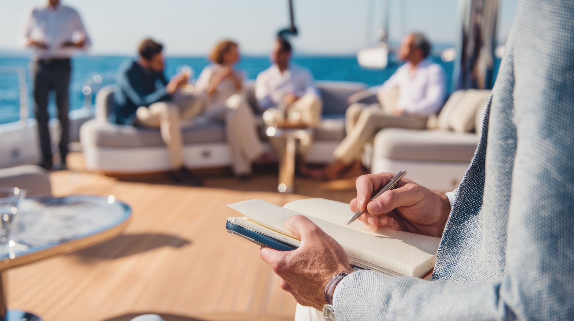 Business-Meeting auf Yacht bei Sonnenschein | Terrassenüberdachung Düsseldorf